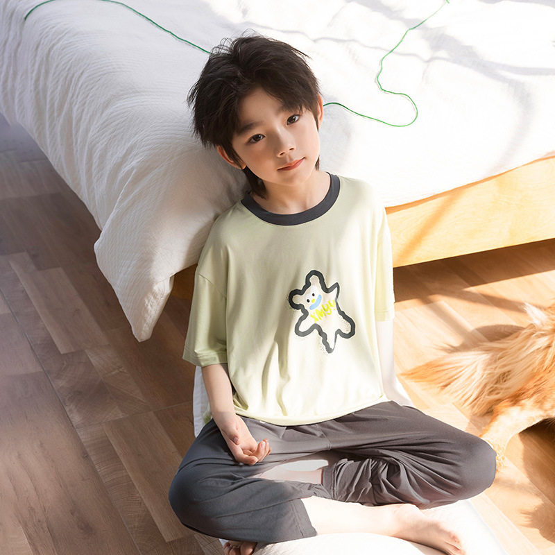 波拉实体店儿童装莫代尔睡衣七分袖裤男童家居服套装夏季款空调服