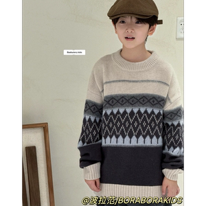 现货波拉韩国冬男生女孩小中大儿童装青少年复古菱形格针织衫毛衣