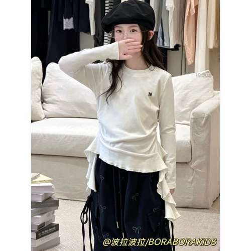 波拉bora儿童装秋中大女孩青少年上衣不规则荷叶边长袖T恤打底衫