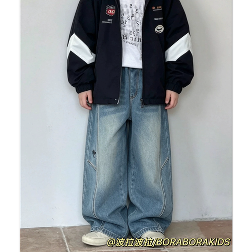 波拉bora儿童装男生女孩弯刀长裤秋季款中大青少年磨白做旧牛仔裤