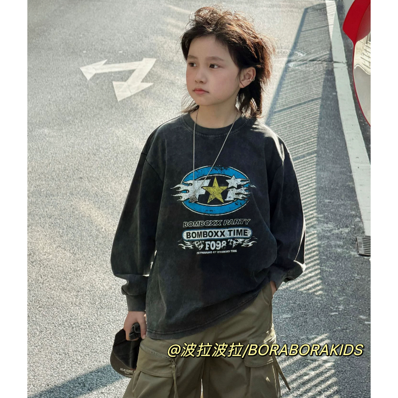 波拉实体店儿童装春季中大男生女孩青少年星星做旧长袖T恤打底衫