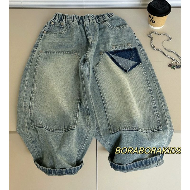 波拉实体店儿童装春款男童牛仔裤韩版潮款中大童撞色女童洋气长裤