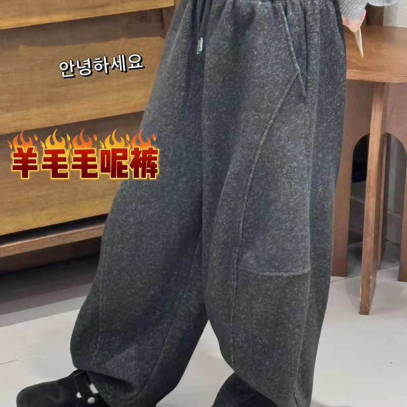 波拉韩国童装 男童女童中大童冬装亲子纯色毛呢日系羊毛阔腿裤子