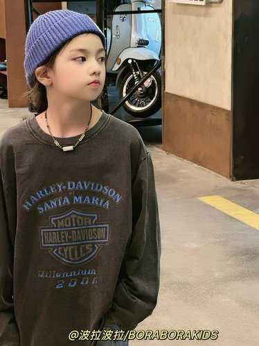 波拉bora儿童装秋季款男生女孩中大童青少年复古街舞上衣长袖T恤