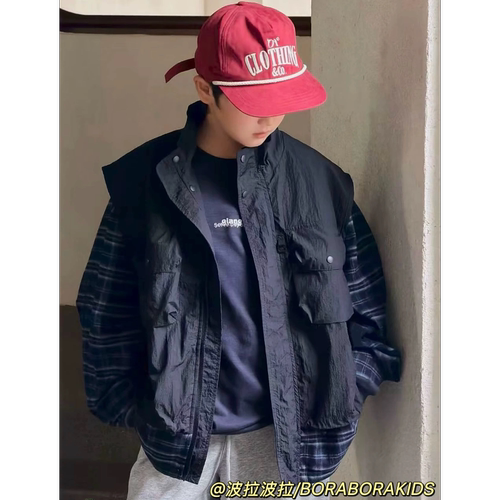 波拉bora儿童装男生女孩假两件冲锋衣秋季款中大童青少年工装外套