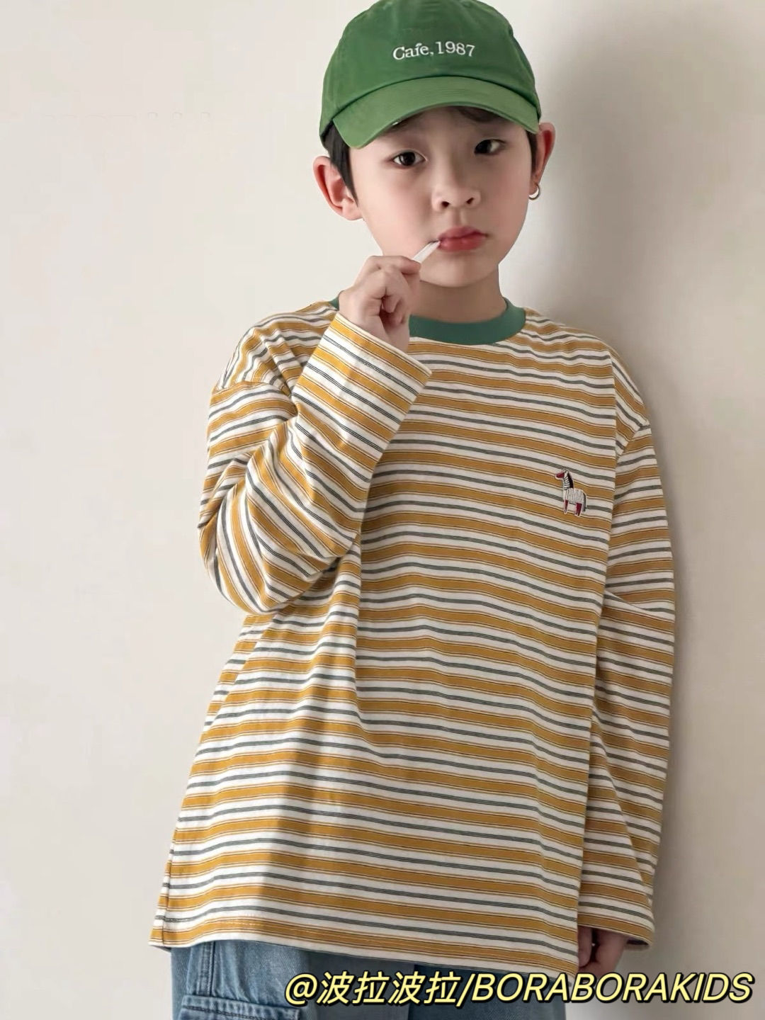 波拉bora儿童装秋季款男生女孩中大童青少年条纹街舞上衣长袖T恤
