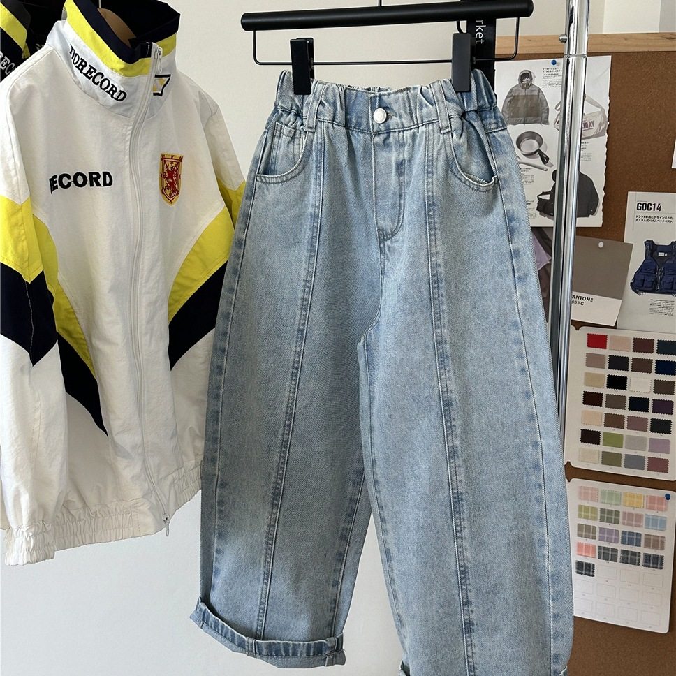 儿童装波拉春款儿童牛仔长裤韩版浅蓝色中大童休闲裤子女童直筒裤