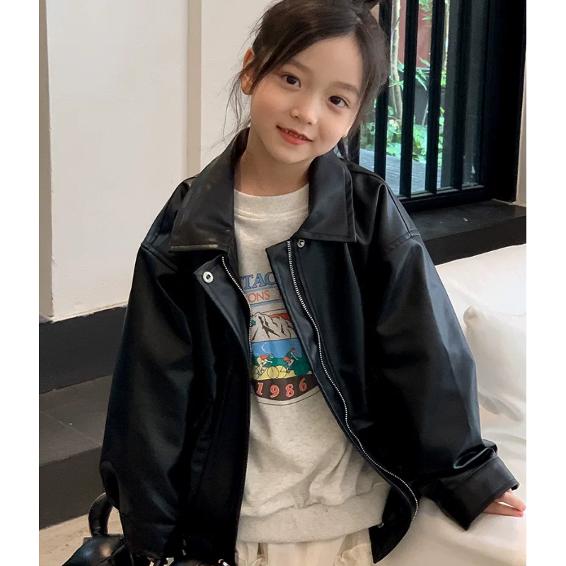 实体店儿童装波拉春季款复古小众男生女孩青少年黑色皮衣夹克外套
