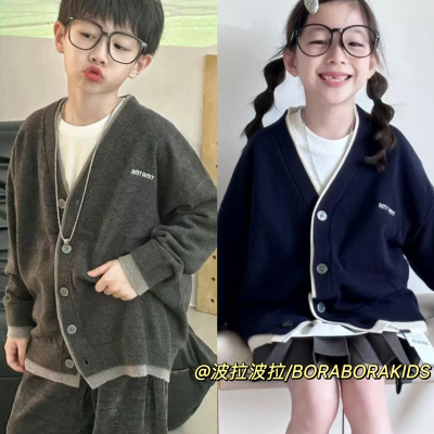 现货波拉秋男女孩中大儿童装亲子羊毛衫青少年假两件毛衣开衫外套