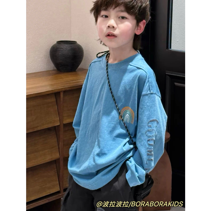 波拉bora儿童装秋季款男生女孩中大童青少年复古街舞上衣长袖T恤