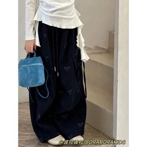波拉bora儿童装秋季款中大女孩青少年纯棉休闲裤直筒蝴蝶结工装裤