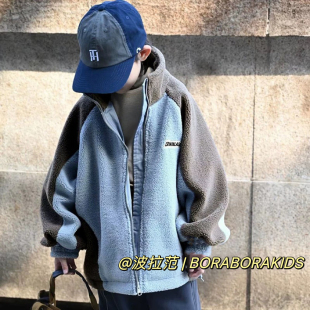 波拉冬装韩国女男孩青少年小中大儿童装撞色夹加棉羊羔毛亲子外套