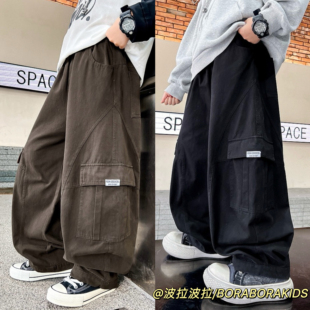 实体店儿童装男秋冬韩范阔腿弯刀加绒工装裤波拉青少年直筒休闲裤