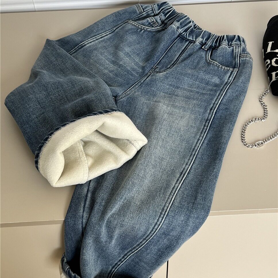 体店儿童装波拉春冬bora儿童软牛仔加绒长裤韩版男童加厚保暖长裤