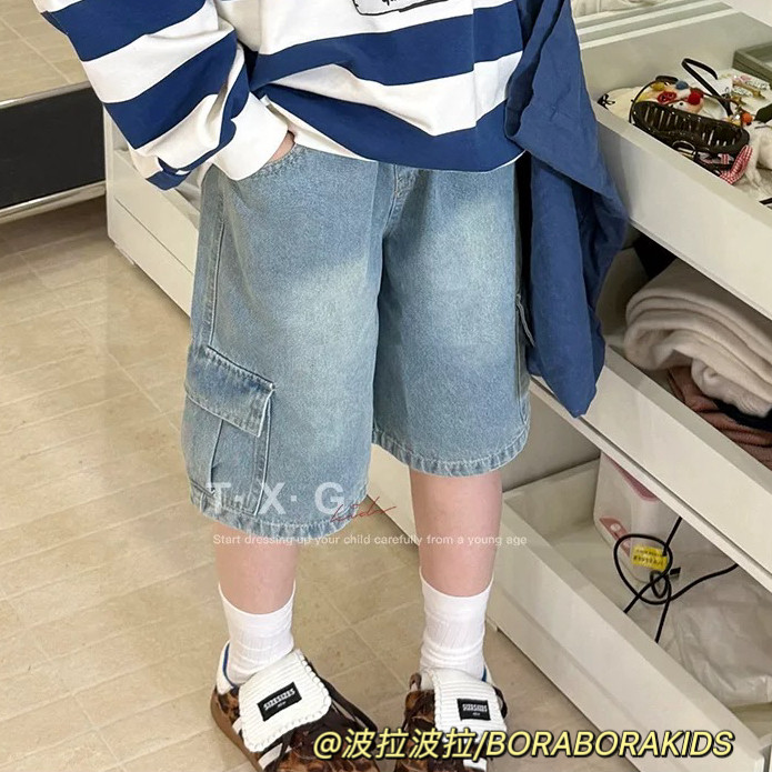 波拉实体店儿童装夏季男生女孩中大童青少年工装牛仔裤短裤五分裤