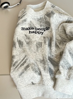 波拉秋冬bora儿童加绒卫衣韩版花灰色满印刺绣男童中大童保暖卫衣