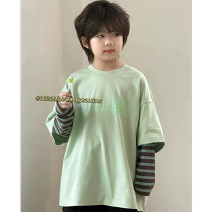波拉bora儿童装秋季款中大青少年男生女孩亲子假两件条纹长袖T恤