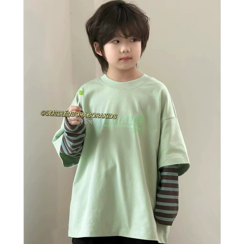 波拉bora儿童装秋季款中大青少年男生女孩亲子假两件条纹长袖T恤