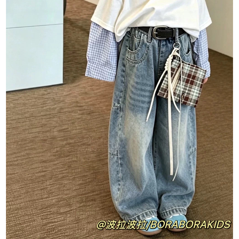 波拉bora儿童装秋季款休闲裤中大童青少年长裤做旧直筒宽松牛仔裤