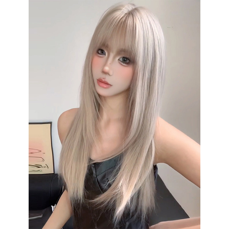 【海岸精灵】夏季新款假发女齐浏海奶茶灰棕色长直发整顶假发头套