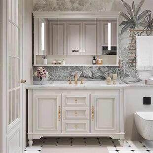 美式实木浴室柜组合岩板无缝陶瓷一体盆卫生间落地双盆洗手池盆柜