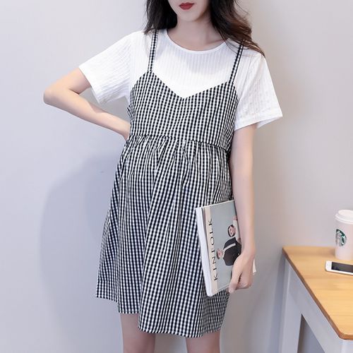 2025孕妇装连衣裙夏季新款宽松假两件打底裙休闲短袖中长款格子裙