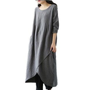 女装 民族风复古大码 宽松显瘦胖mm棉麻纯色休闲连衣裙 新品 2020秋季