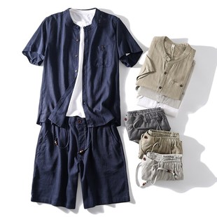 男夏季 薄款 夏装 短裤 衣服 外贸男装 套装 休闲唐装 亚麻短袖 宽松时尚