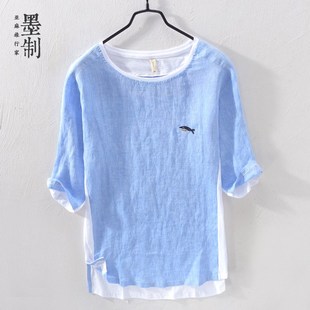 假两件棉麻T恤男五分袖 夏季 男中袖 亚麻衬衫 宽松麻料上衣男潮 薄款