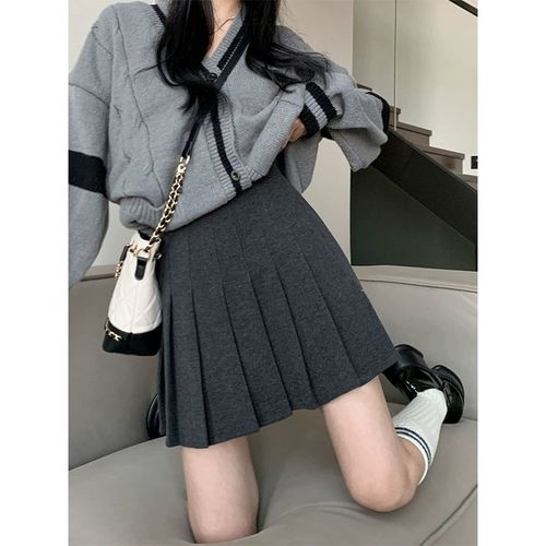 灰色毛呢百褶裙女秋冬小个子高腰显瘦百搭A字半身裙大码胖mm短裙