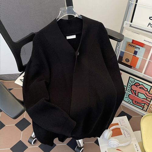 秋冬纽扣开衫毛衣外套男休闲潮牌宽松青少年小众设计感加厚针织衫