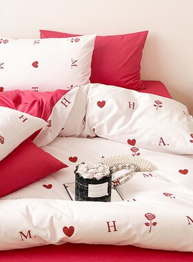 心上玫瑰 结婚用红色纯棉1u.8米2m四件套情人节被套床单枕套可定