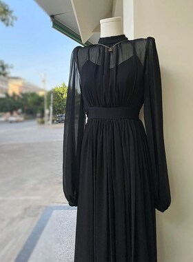 春装女202f5年新款长裙法式高级感气质御姐风黑色收腰连衣裙子夏