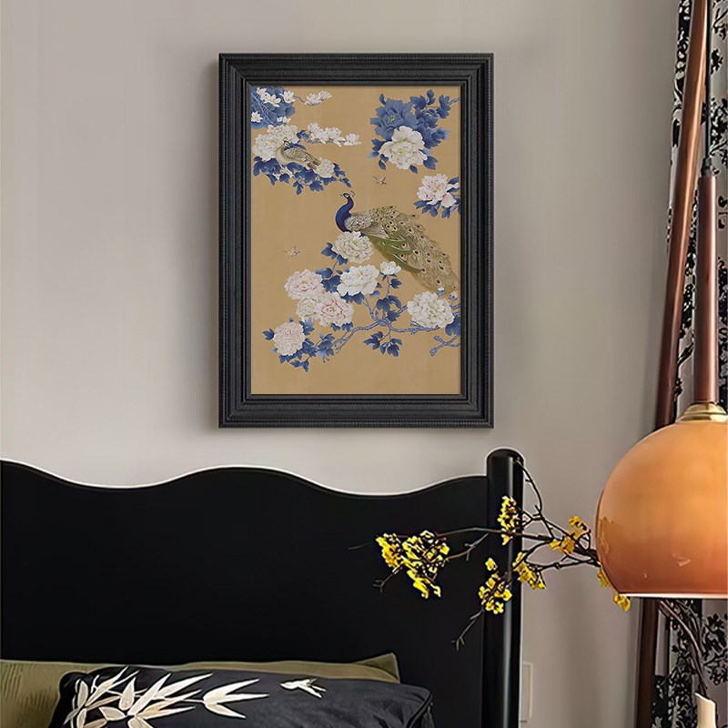新中式禅意书房茶室孔雀牡丹装饰挂画客厅玄关复古风花鸟手绘油画图片