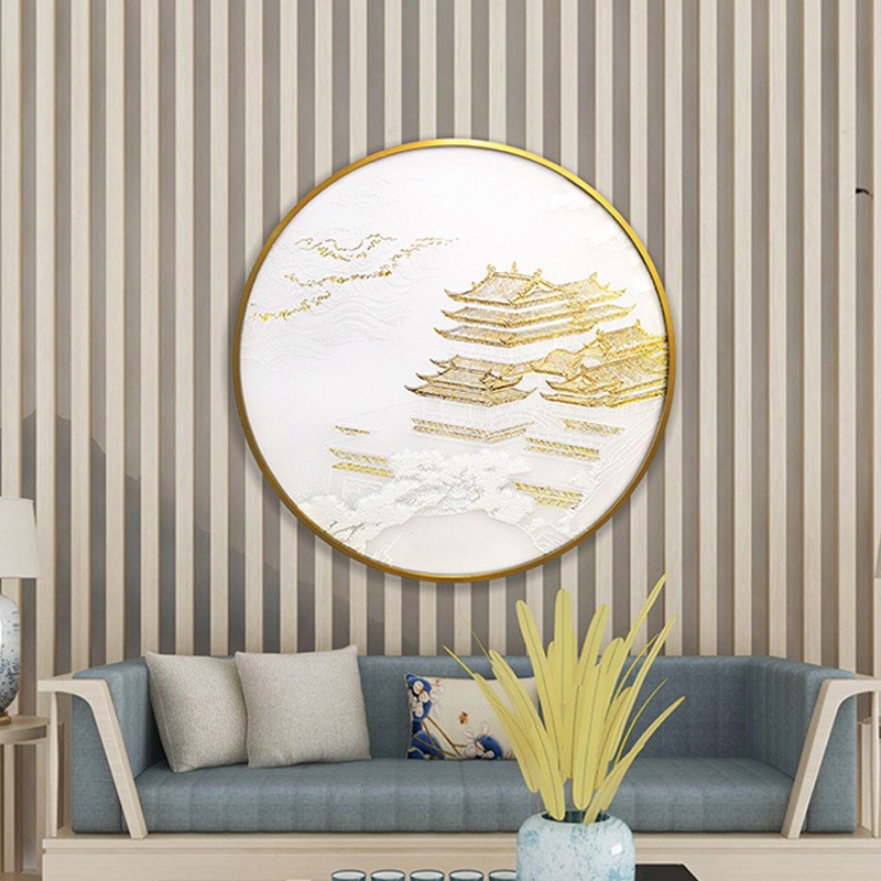 新中式玄关装饰画酒店圆形宫廷建筑挂画浮雕肌理立体金箔工艺画图片