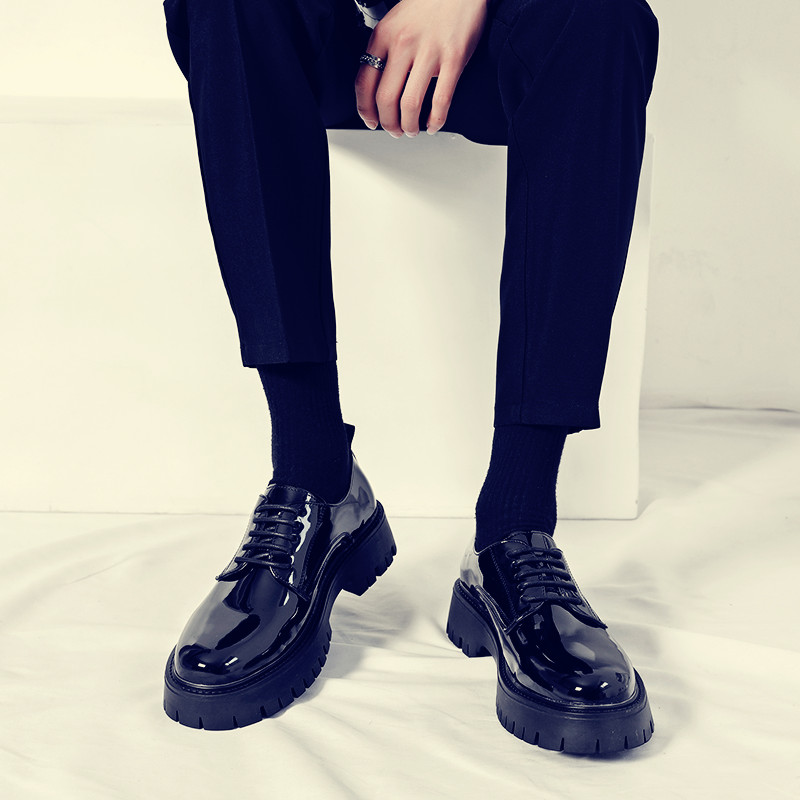 皮鞋男士冬季黑色漆皮亮面低帮大头工装鞋百搭韩版上班新郎结婚鞋