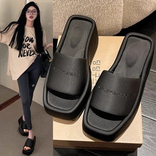 子松糕底增高显瘦坡跟懒人凉拖鞋 厚底高跟拖鞋 女鞋 新款 女2025夏季