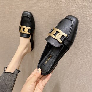 拖鞋女夏季2024新款低跟无后跟英伦小皮鞋平底懒人鞋包头半拖鞋女