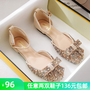 大码 仙女风一字带中空单鞋 41一43 女夏平底2021年新款 包头水钻凉鞋