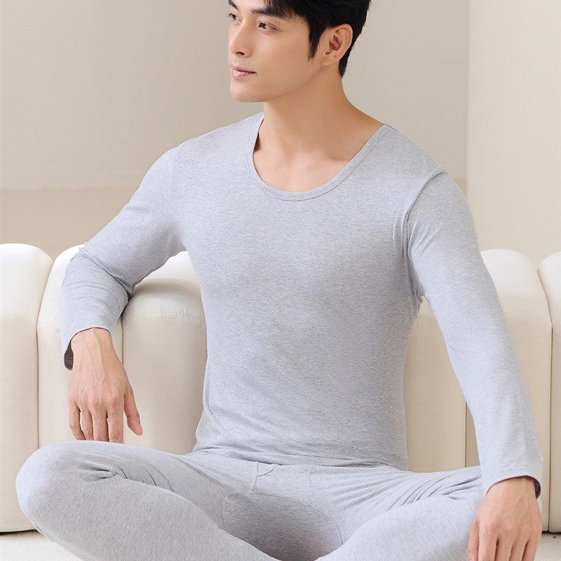 男士保暖内衣套装纯棉圆领大码薄款弹力棉毛衫中青年打底秋衣秋裤