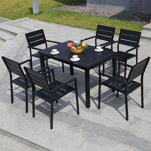 户外7635休闲桌椅黑色塑桌木简花园休闲家具餐铁艺防腐桌椅现代约