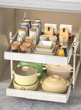 厨房缩可伸收纳架免橱打孔抽式柜碗碟调料屉拉篮下水槽抽拉置SCSS