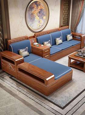 ?客厅实木沙新中230510发式小户型冬木用质家具夏两储物原木套装