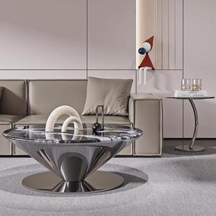 家用欧小茶几理型组合飞碟圆形茶几式圆锥形茶客厅户大石面纹不锈