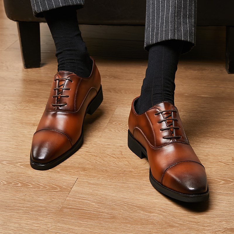 春季系带商务内增高男鞋正装皮鞋男三接头牛津鞋尖头婚鞋休闲