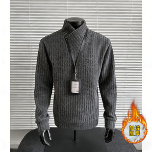 鱼骨纹美式斜领拉链卫衣男款秋冬加绒重磅长袖t恤立领内搭打底衫