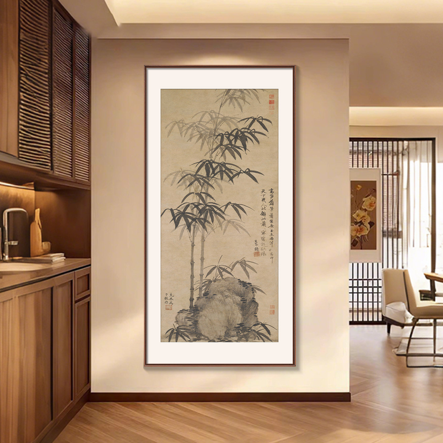 墨竹玄关装饰画新中式入户正对门挂画竹子过道走廊茶室背景墙壁画