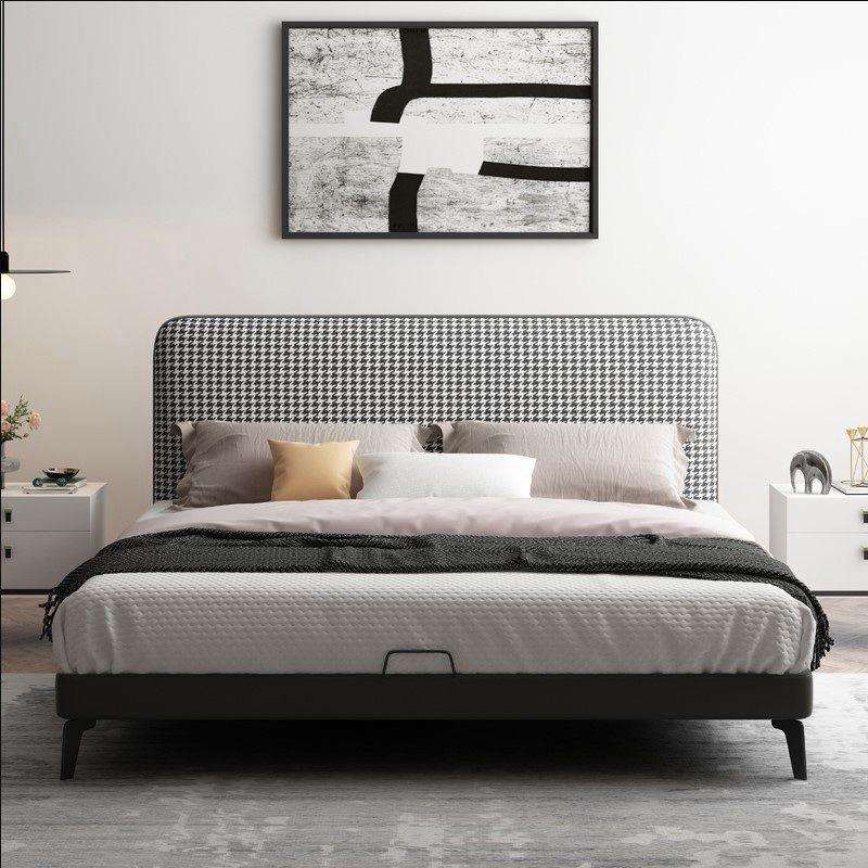 北欧布艺床现代简约主卧双人床小户型科技布极简床轻奢网红千鸟格