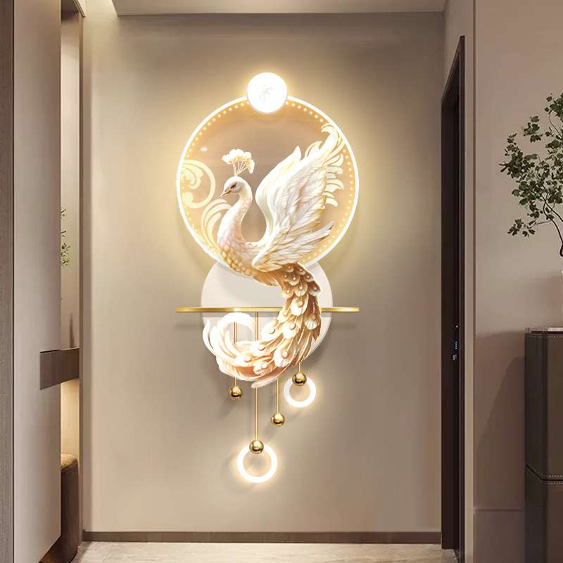 奶油风玄关装饰画孔雀走廊尽头创意壁灯挂画简约led立体发光壁画图片