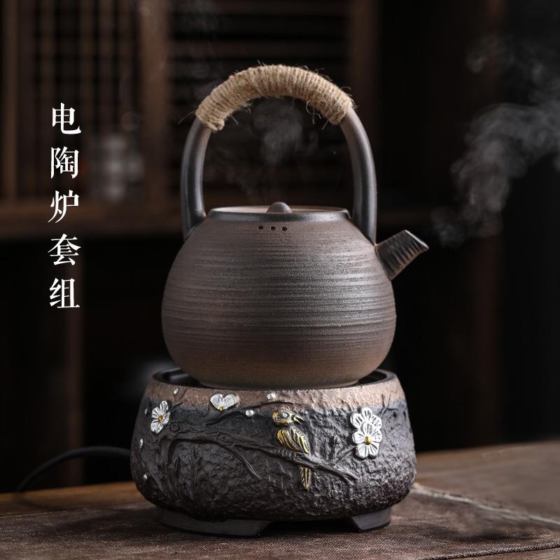 古早烧电陶炉家用煮茶炉烧水炉粗陶耐高温办公提梁壶煮茶器套装